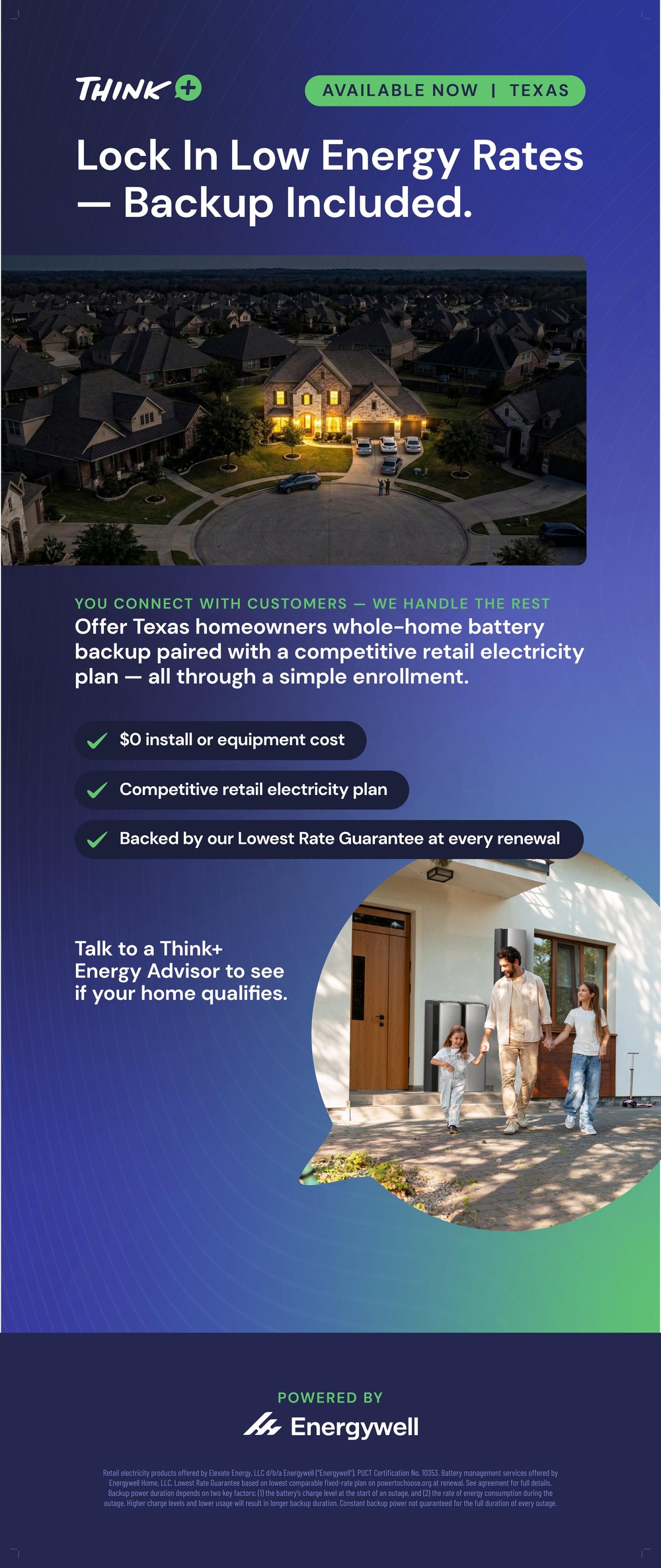 Think+ Texas offer banner: lock in low energy rates with whole-home battery backup included, $0 install or equipment cost, competitive retail electricity plan, and a Lowest Rate Guarantee at every renewal, powered by Energywell