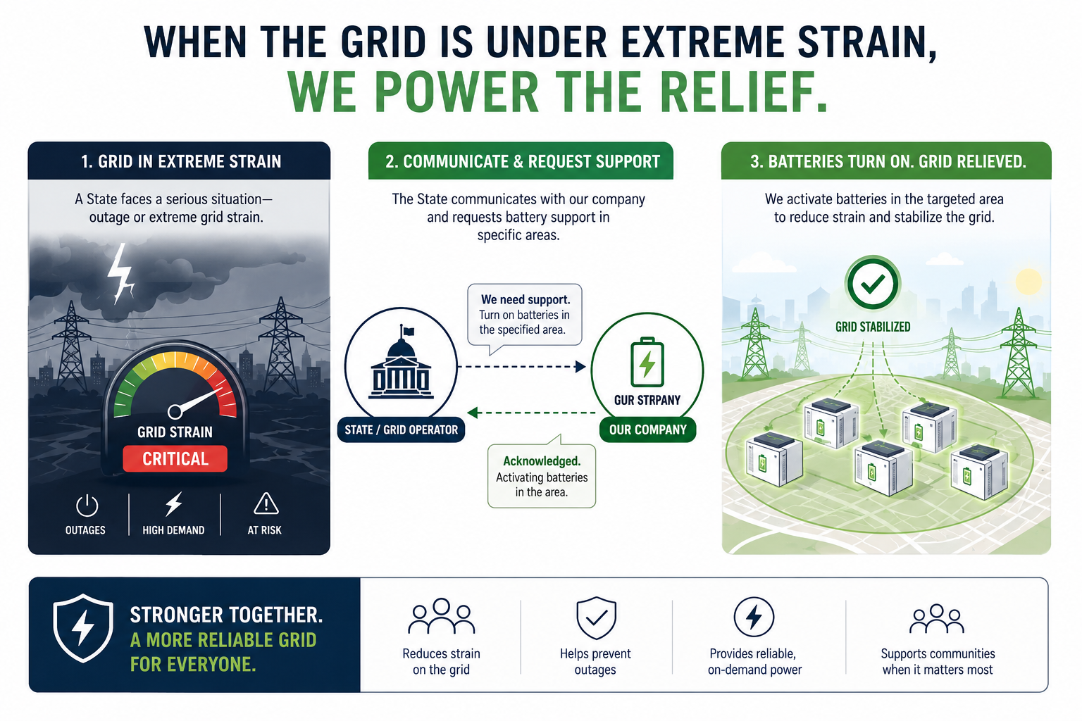 Infographic showing how home batteries activate during grid strain to reduce demand and stabilize the power grid