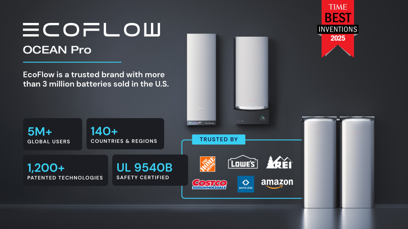 EcoFlow Ocean Pro home battery units shown with the TIME Best Inventions 2025 badge, safety certification and retailer logos for The Home Depot, Lowe's, REI, Costco, Sam's Club and Amazon