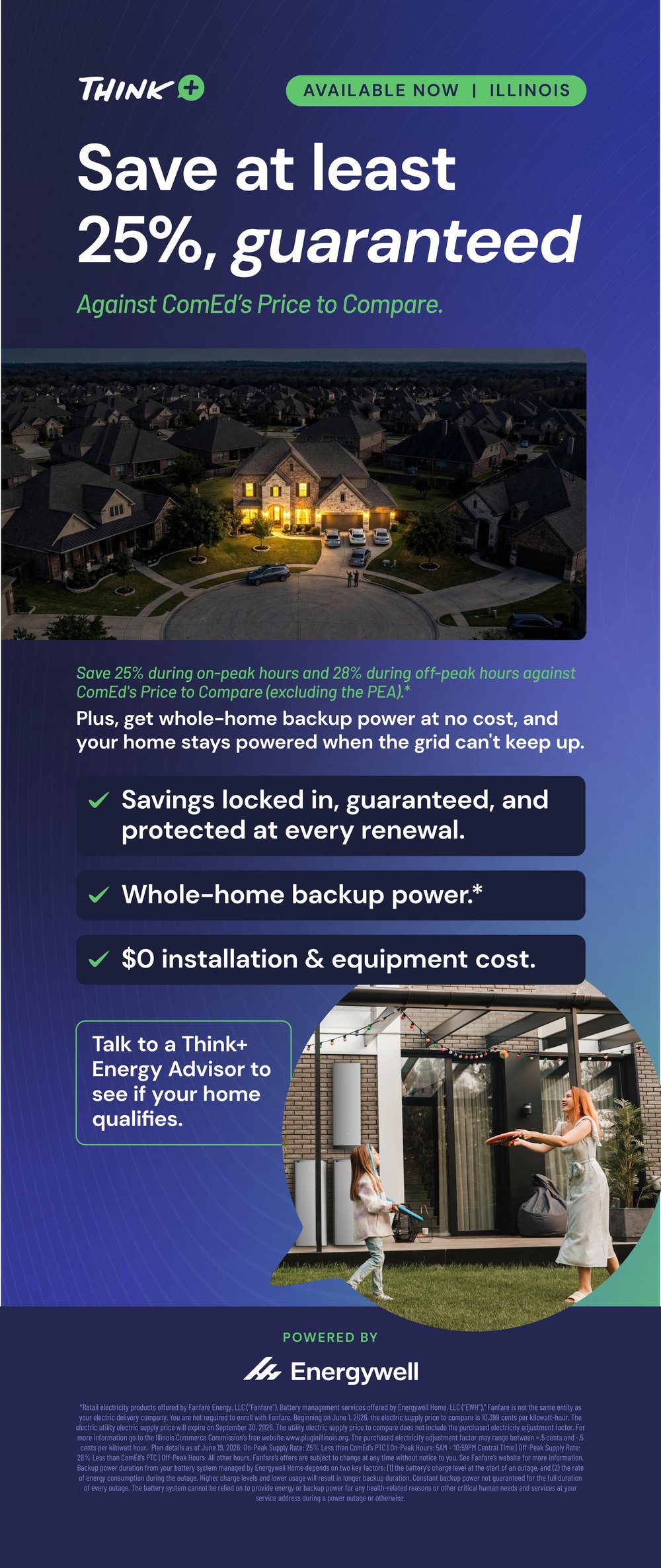 Think+ Illinois offer banner: save at least 25% guaranteed against ComEd's Price to Compare, plus whole-home backup power at $0 installation and equipment cost, powered by Energywell