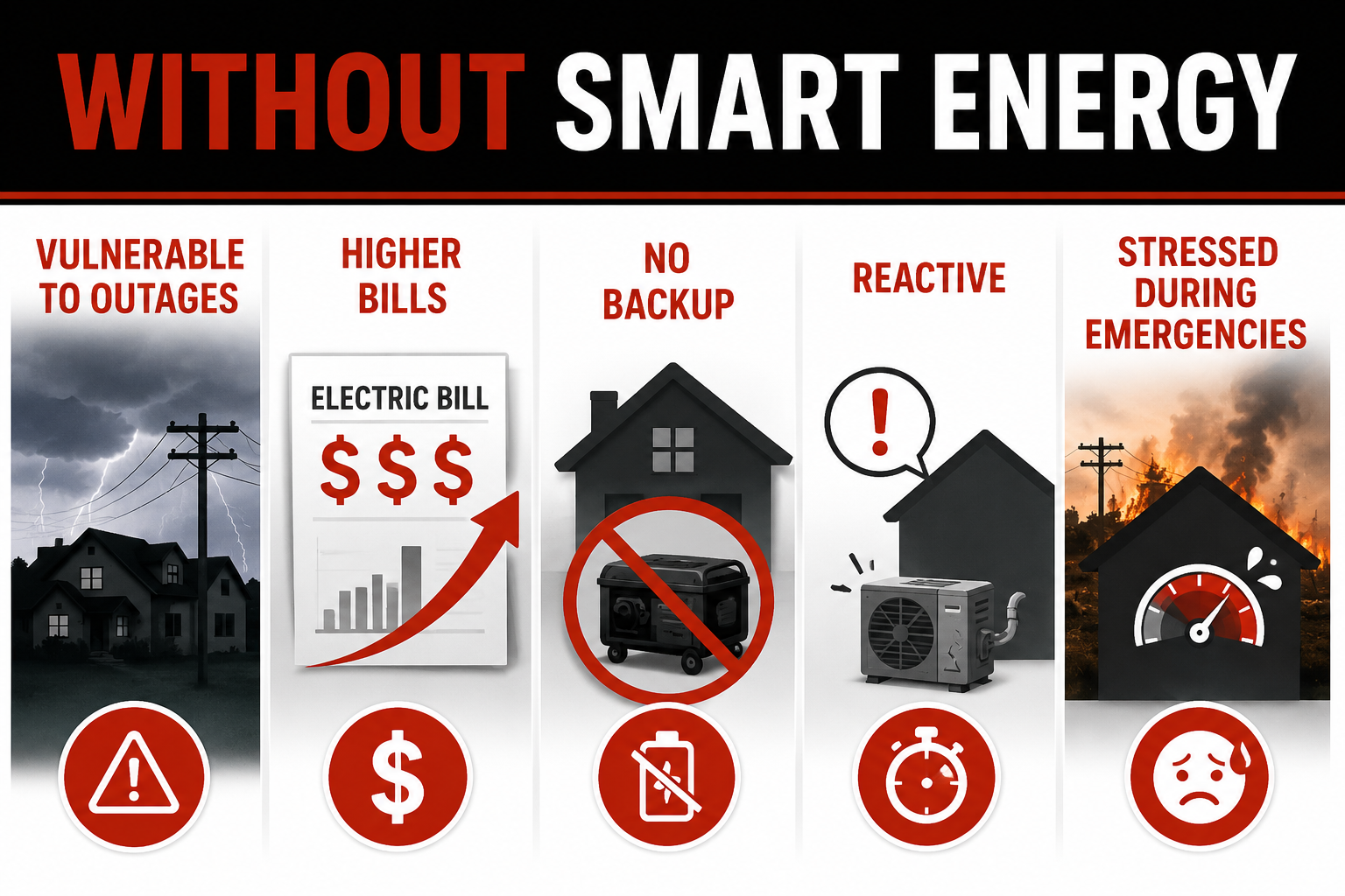 Infographic showing the risks of living without smart energy: vulnerable to outages, higher bills, no backup, reactive usage, and emergency stress